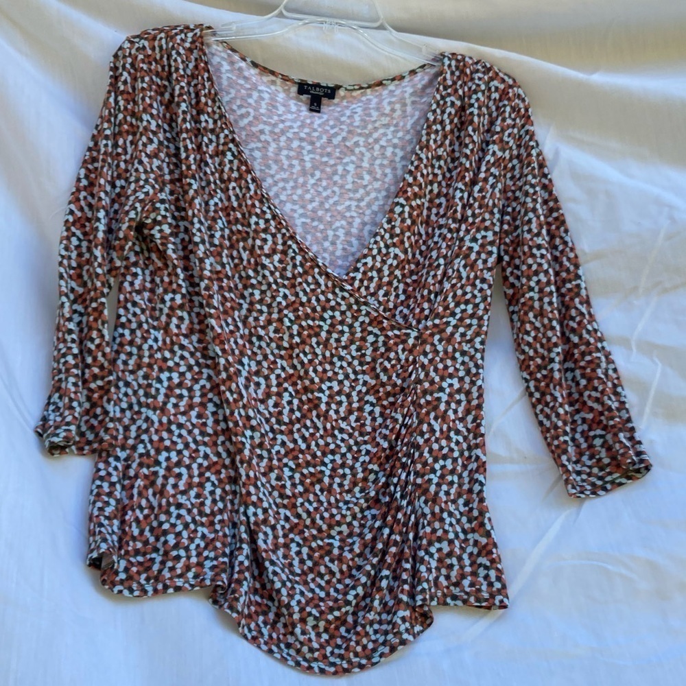 Talbots orange and light blue faux wrap top, size small